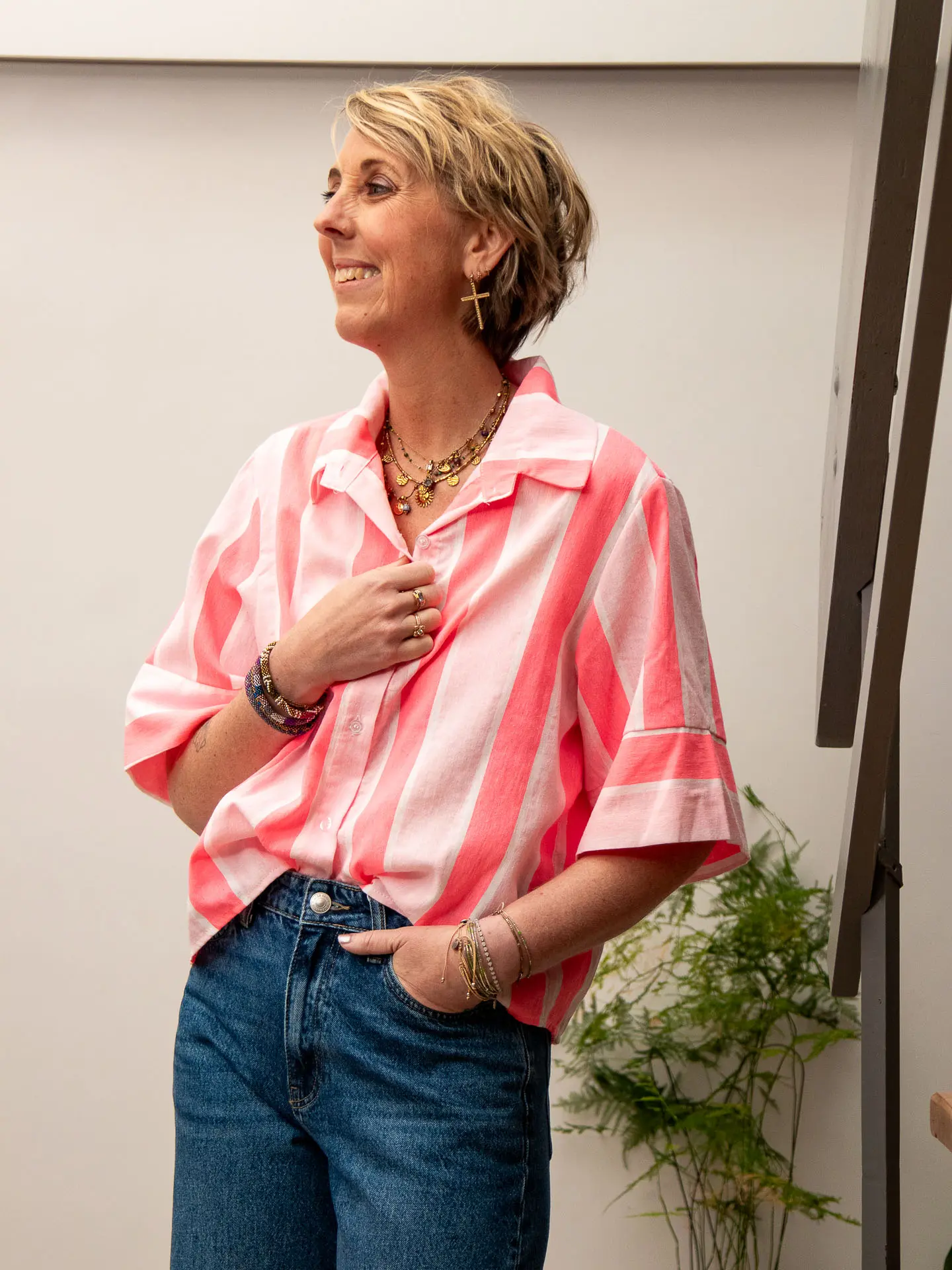 Chemise rayée rose et blanc à manches courtes ZELDA — Mode de Biche