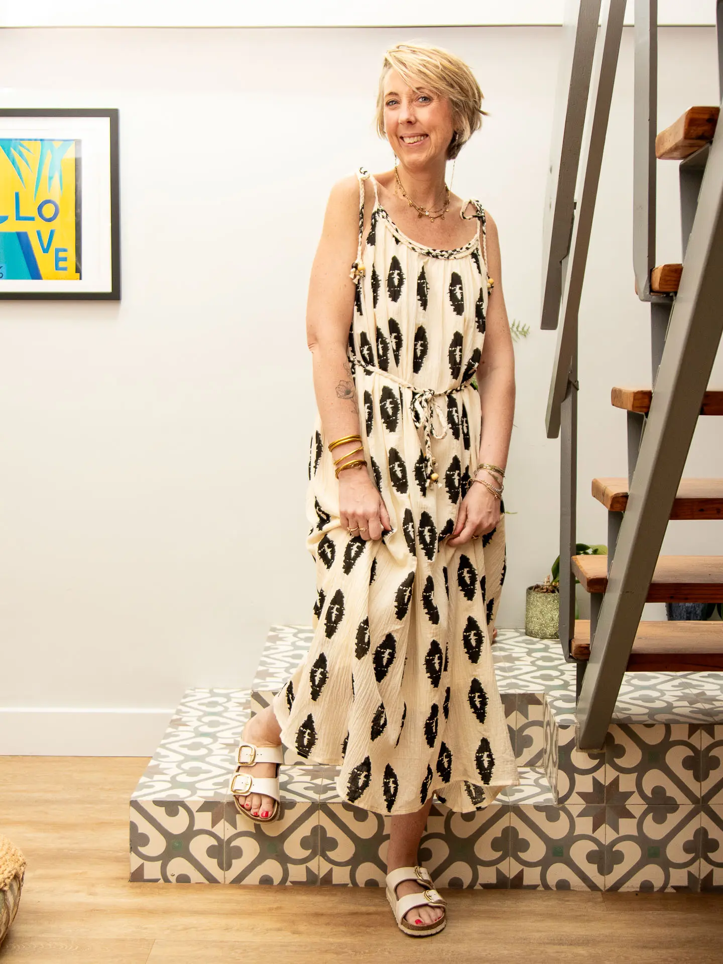 Robe écrue à imprimé noir et bretelles tressées — Robe GARDENIA — Mode de Biche