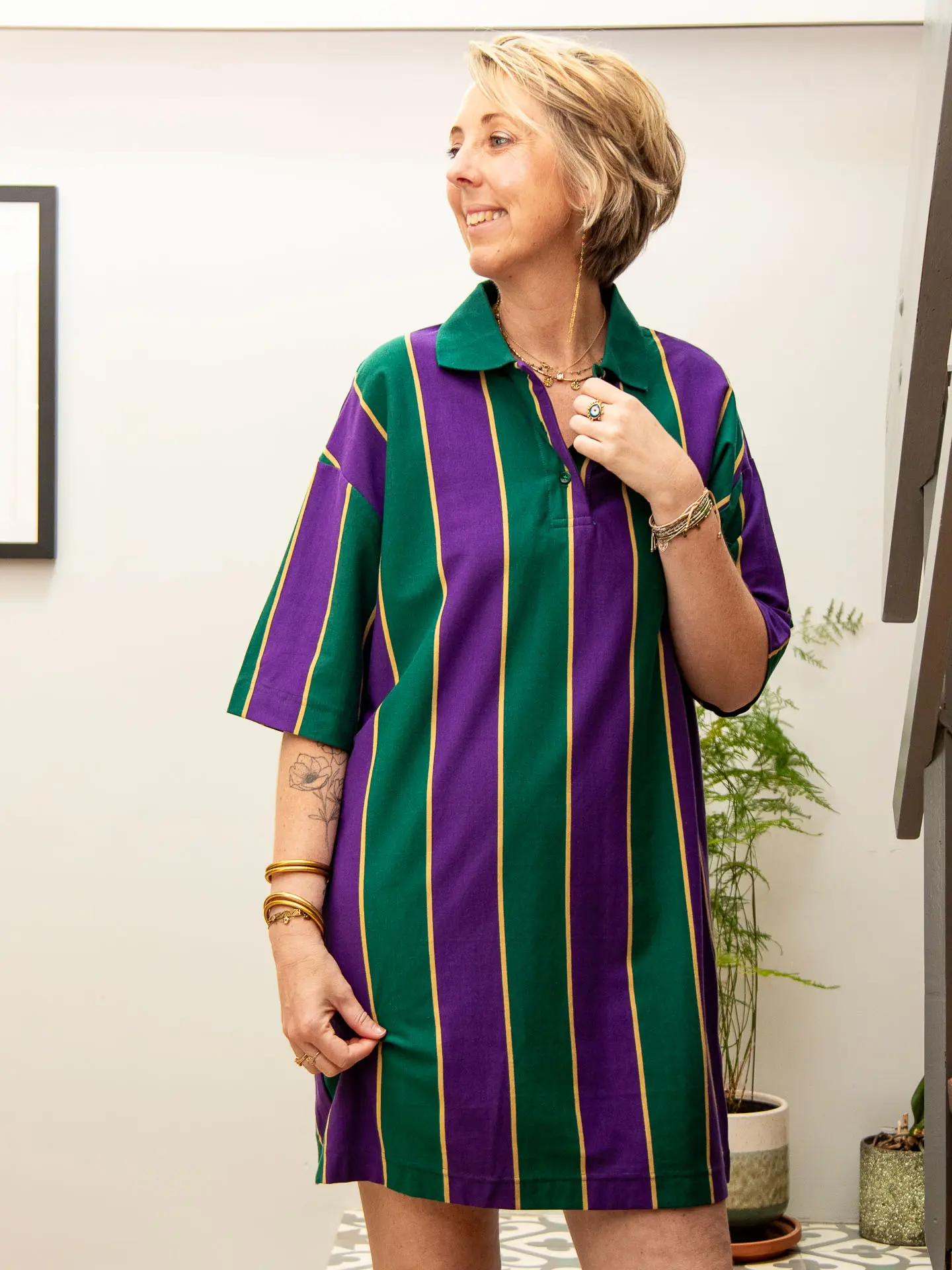 Robe chemise rayée verte et violette en coton — Robe DALHIA — Mode de Biche