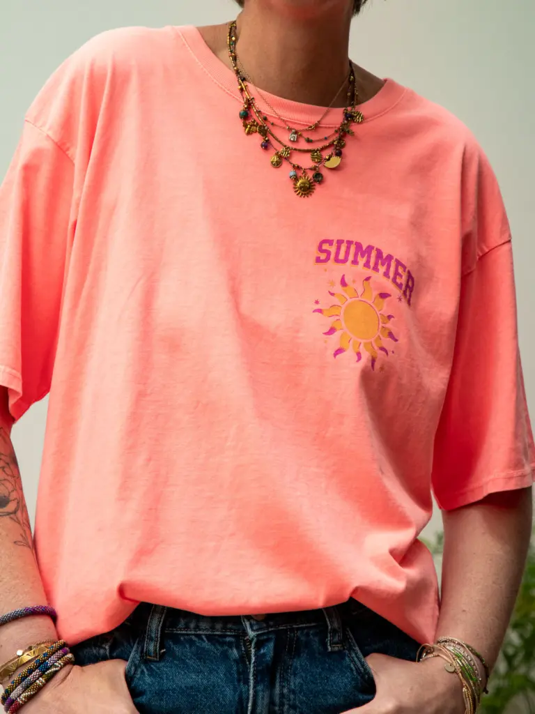 T-shirt corail imprimé soleil Summer en coton NAOMI — Mode de Biche